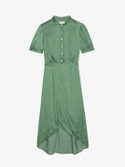 Rimaz Satin Dress - Asymmetrical green dress in Japanese satin with short sleeves, wrap skirt, and buttoned neckline.