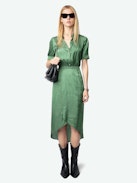 Rimaz Satin Dress - Asymmetrical green dress in Japanese satin with short sleeves, wrap skirt, and buttoned neckline.
