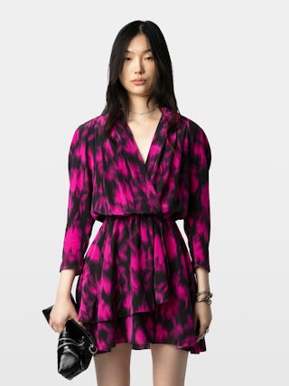 Rogers 100% Silk Dress - Short silk dress with 7/8 sleeves and draped asymmetric skirt.