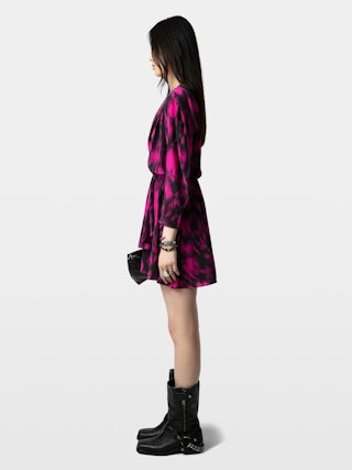 Rogers 100% Silk Dress - Short silk dress with 7/8 sleeves and draped asymmetric skirt.