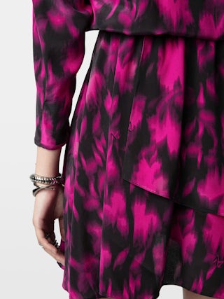 Rogers 100% Silk Dress - Short silk dress with 7/8 sleeves and draped asymmetric skirt.