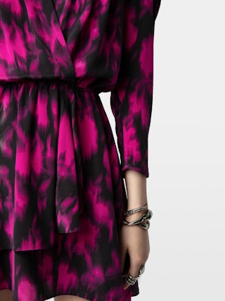 Rogers 100% Silk Dress - Short silk dress with 7/8 sleeves and draped asymmetric skirt.