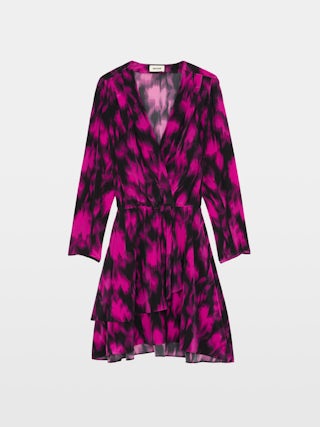 Rogers 100% Silk Dress - Short silk dress with 7/8 sleeves and draped asymmetric skirt.