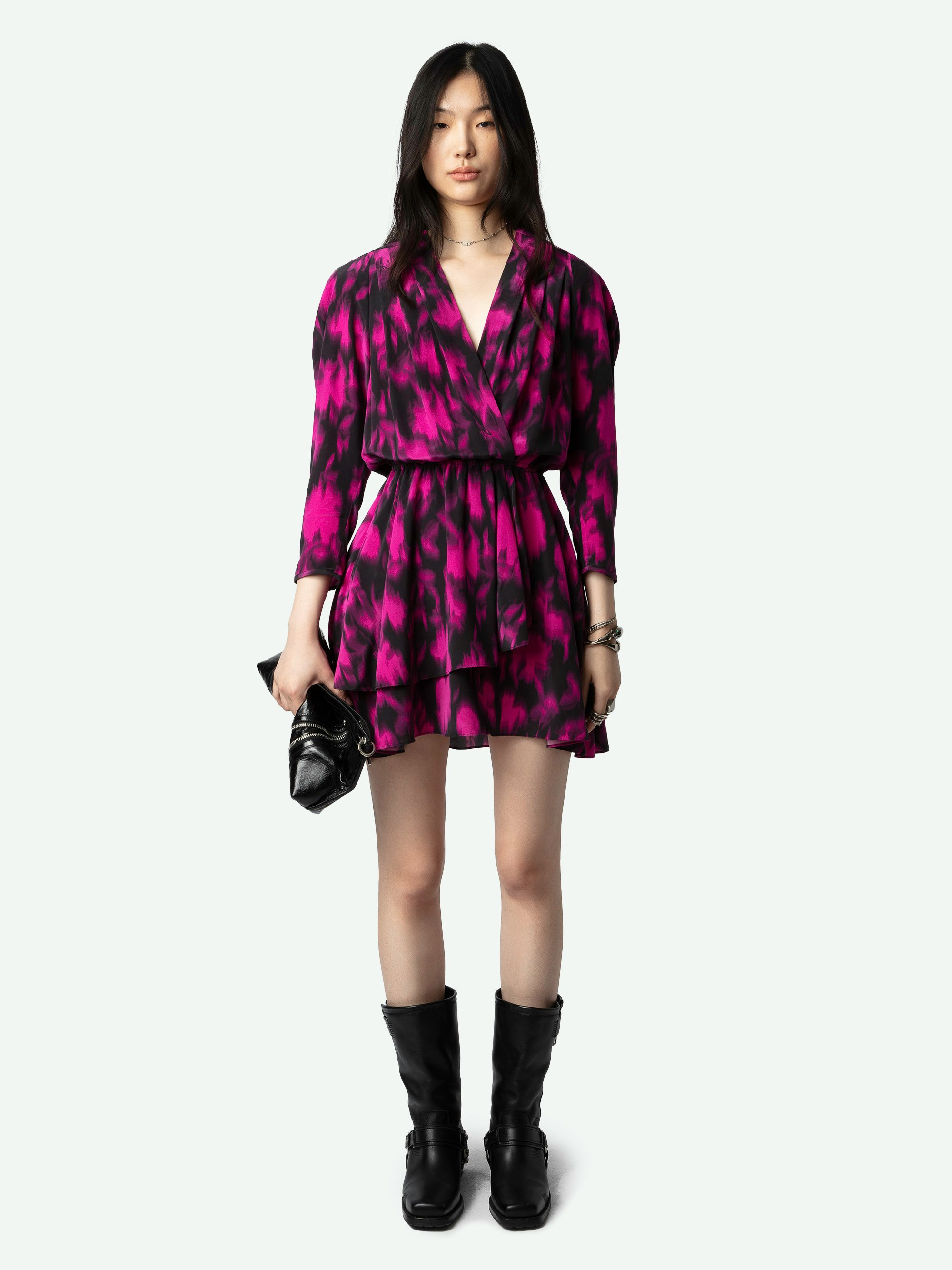 Rogers Silk Dress - Mini black silk dress with cropped sleeves and draped asymmetrical skirt.