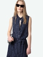 Raosi Dress 100% Silk - Mid-length belted dress in jacquard silk, sleeveless with buttoned neckline.
