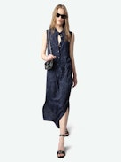 Raosi Dress 100% Silk - Mid-length belted dress in jacquard silk, sleeveless with buttoned neckline.