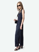 Raosi Dress 100% Silk - Mid-length belted dress in jacquard silk, sleeveless with buttoned neckline.