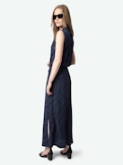 Raosi Dress 100% Silk - Mid-length belted dress in jacquard silk, sleeveless with buttoned neckline.