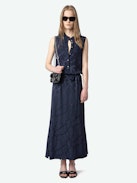 Raosi Dress 100% Silk - Mid-length belted dress in jacquard silk, sleeveless with buttoned neckline.