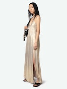 Satin Rayon Dress - Long pleated lingerie-inspired dress in satin, with slit and adjustable cross-over straps.