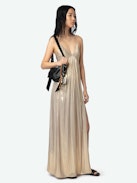 Satin Rayon Dress - Long pleated lingerie-inspired dress in satin, with slit and adjustable cross-over straps.