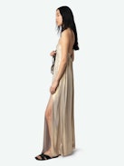 Satin Rayon Dress - Long pleated lingerie-inspired dress in satin, with slit and adjustable cross-over straps.