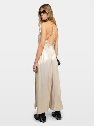 Vestido De Satén De Rayón - Vestido largo plisado estilo lencería en satén, con abertura y tirantes cruzados ajustables.