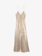 Satin Rayon Dress - Long pleated lingerie-inspired dress in satin, with slit and adjustable cross-over straps.