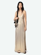 Satin Rayon Dress - Long pleated lingerie-inspired dress in satin, with slit and adjustable cross-over straps.
