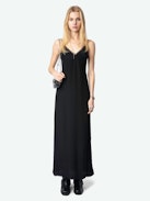 Ramelil Silk Dress - Long silk slip-style dress with slit, adjustable straps embellished with rhinestones and lace detailing.