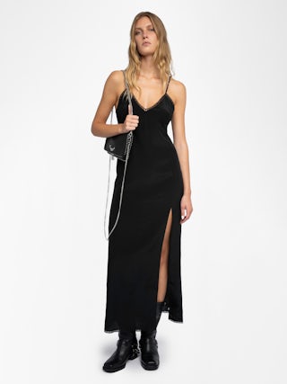 Ramelil Dress 100% Silk - Long silk slip-style dress with slit, adjustable straps embellished with rhinestones, embroidered wings on the back, and lace detailing.