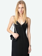 Ramelil Silk Dress - Long silk slip-style dress with slit, adjustable straps embellished with rhinestones and lace detailing.