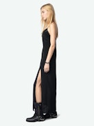 Ramelil Silk Dress - Long silk slip-style dress with slit, adjustable straps embellished with rhinestones and lace detailing.