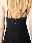 Ramelil Silk Dress - Long silk slip-style dress with slit, adjustable straps embellished with rhinestones and lace detailing.