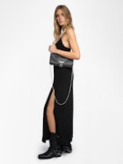 Robe Ramelil 100% Soie - Robe longue esprit lingerie en soie, avec fente, bretelles ajustables avec strass, broderie ailes dos et dentelle.