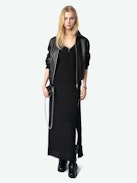 Ramelil Silk Dress - Long silk slip-style dress with slit, adjustable straps embellished with rhinestones and lace detailing.