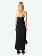 Ramelil Silk Dress - Long silk slip-style dress with slit, adjustable straps embellished with rhinestones and lace detailing.