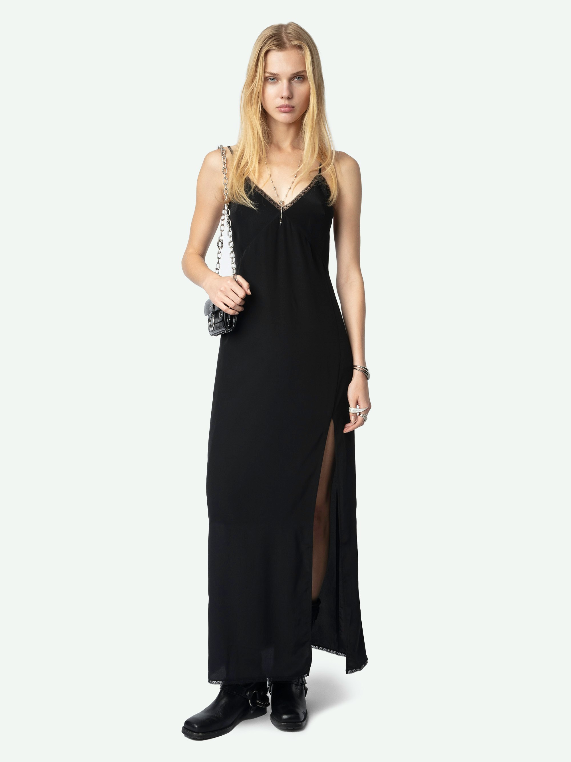 Ramelil Silk Dress - Long silk slip-style dress with slit, adjustable straps embellished with rhinestones and lace detailing.