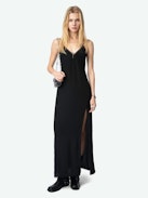 Ramelil Silk Dress - Long silk slip-style dress with slit, adjustable straps embellished with rhinestones and lace detailing.