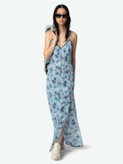Ramelil Dress 100% Silk - Long silk lingerie-inspired dress with print, slit, adjustable straps, wing embroidery on the back and lace.