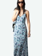 Ramelil Dress 100% Silk - Long silk lingerie-inspired dress with print, slit, adjustable straps, wing embroidery on the back and lace.