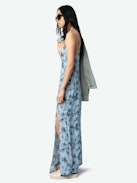 Ramelil Dress 100% Silk - Long silk lingerie-inspired dress with print, slit, adjustable straps, wing embroidery on the back and lace.