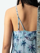 Ramelil Dress 100% Silk - Long silk lingerie-inspired dress with print, slit, adjustable straps, wing embroidery on the back and lace.