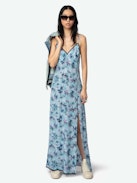 Ramelil Dress 100% Silk - Long silk lingerie-inspired dress with print, slit, adjustable straps, wing embroidery on the back and lace.