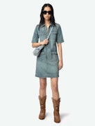 Record Denim Dress - Short military-inspired denim dress with short sleeves, laced neckline, and multiple pockets.