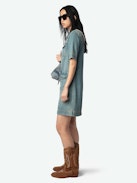 Record Denim Dress - Short military-inspired denim dress with short sleeves, laced neckline, and multiple pockets.