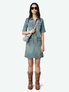Record Denim Dress - Short military-inspired denim dress with short sleeves, laced neckline, and multiple pockets.