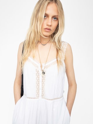 Relite Long Lingerie Style Dress - Long lingerie-inspired dress in cotton viscose, buttoned at the front, with lace straps.