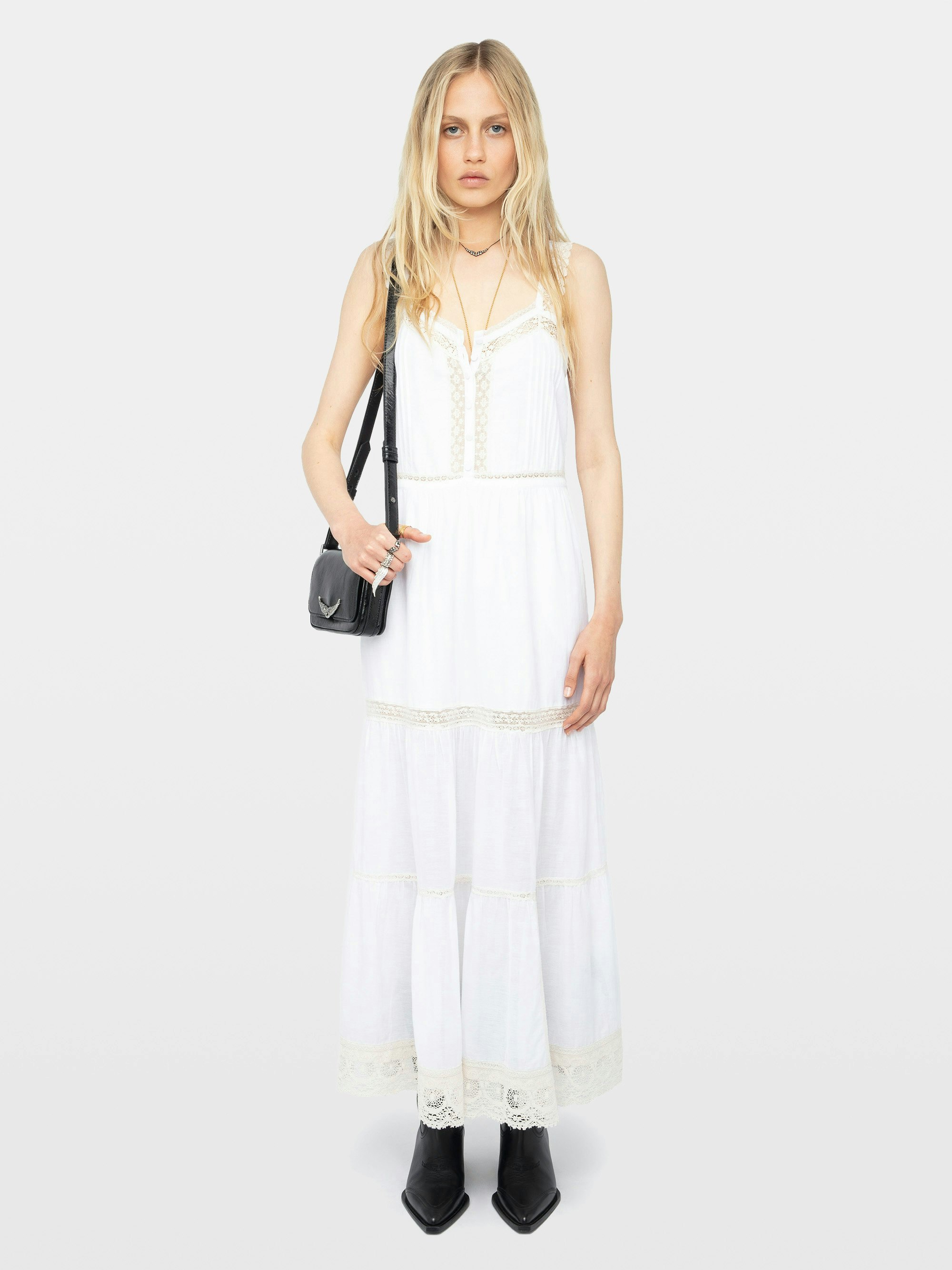 Abito Relite Tomboy - Abito lungo in viscosa di cotone ispirato alla lingerie, abbottonato sul davanti, con spalline in pizzo.