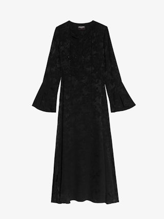 Rikal Dress 100% Silk - Long dress in jacquard horses silk, long sleeves, side slit and lace-up neckline.