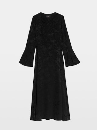 Robe Rikal 100% Soie - Robe longue en soie jacquard horses, manches longues, fente côté et encolure lacée.