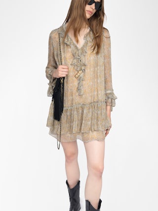 Ralice Dress - Short ruffled dress in printed chiffon with golden stripes, long sleeves.