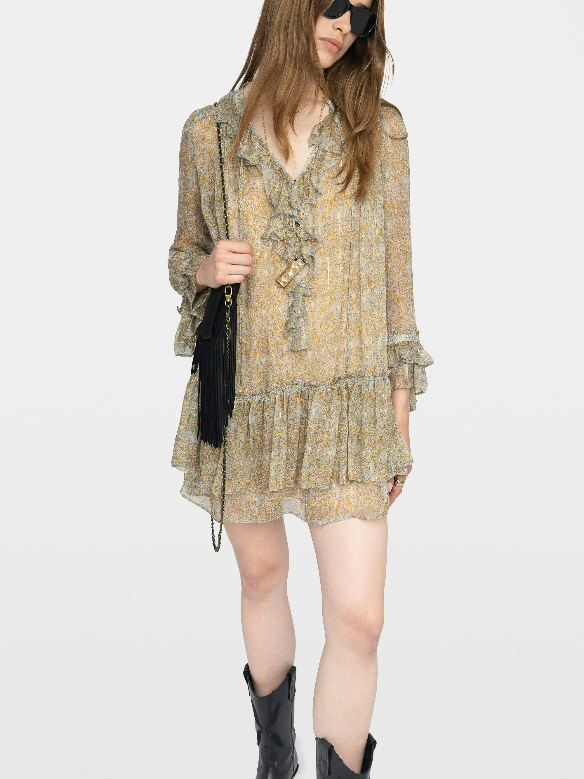 Ralice Dress - Short ruffled dress in printed chiffon with golden stripes, long sleeves.