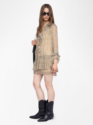 Ralice Dress - Short ruffled dress in printed chiffon with golden stripes, long sleeves.