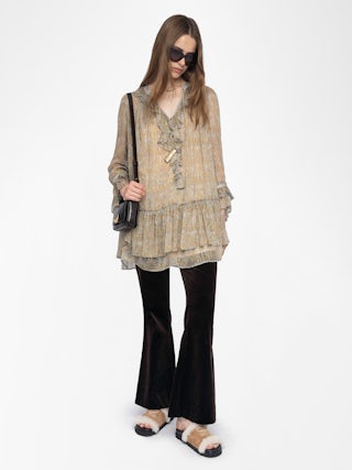 Ralice Dress - Short ruffled dress in printed chiffon with golden stripes, long sleeves.