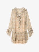 Robe Ralice - Robe courte à volants en mousseline imprimée et rayures dorées, manches longues.
