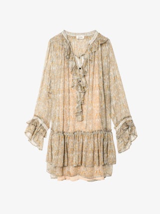 Ralice Dress - Short ruffled dress in printed chiffon with golden stripes, long sleeves.