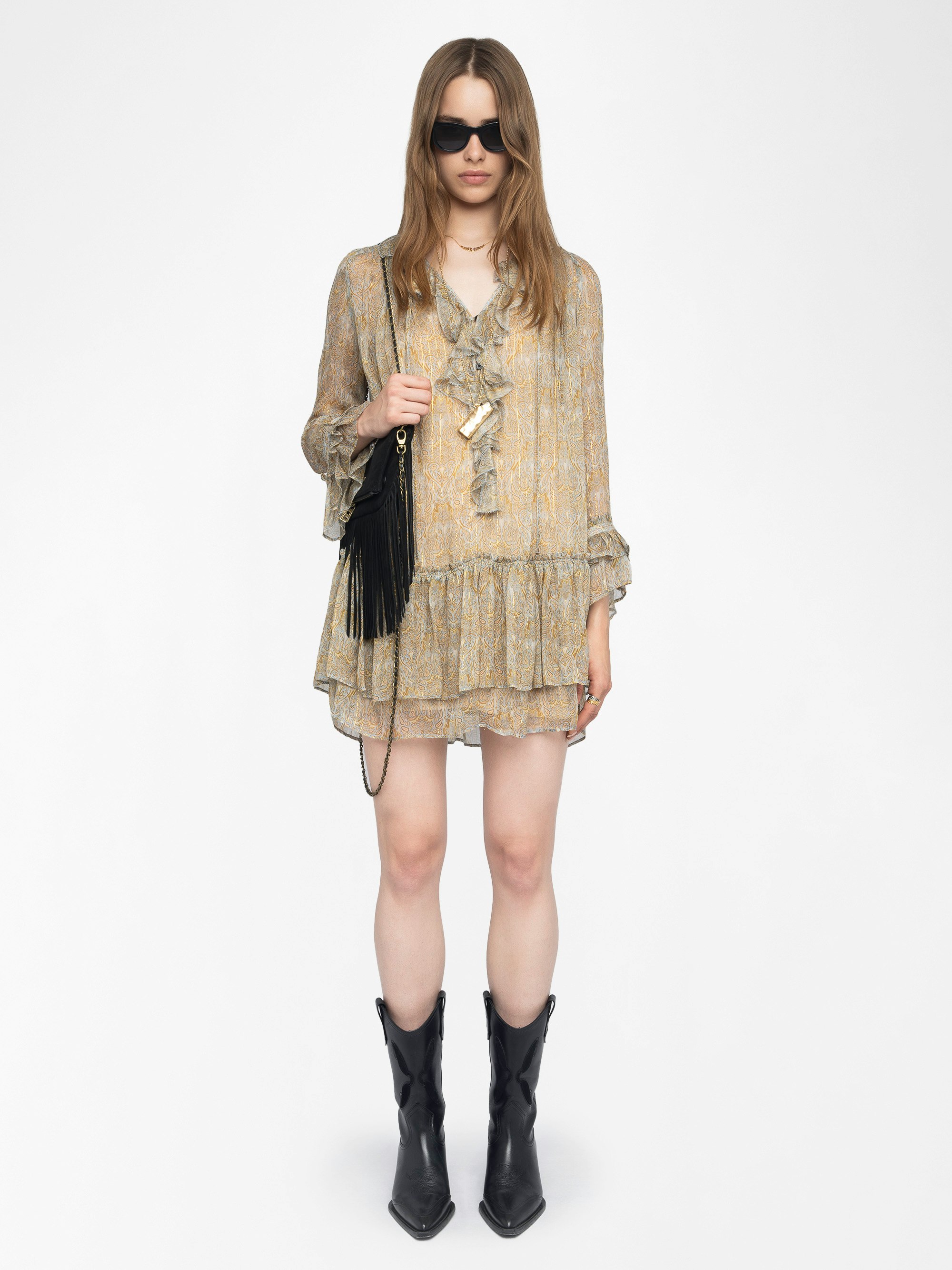 Ralice Dress - Short ruffled dress in printed chiffon with golden stripes, long sleeves.
