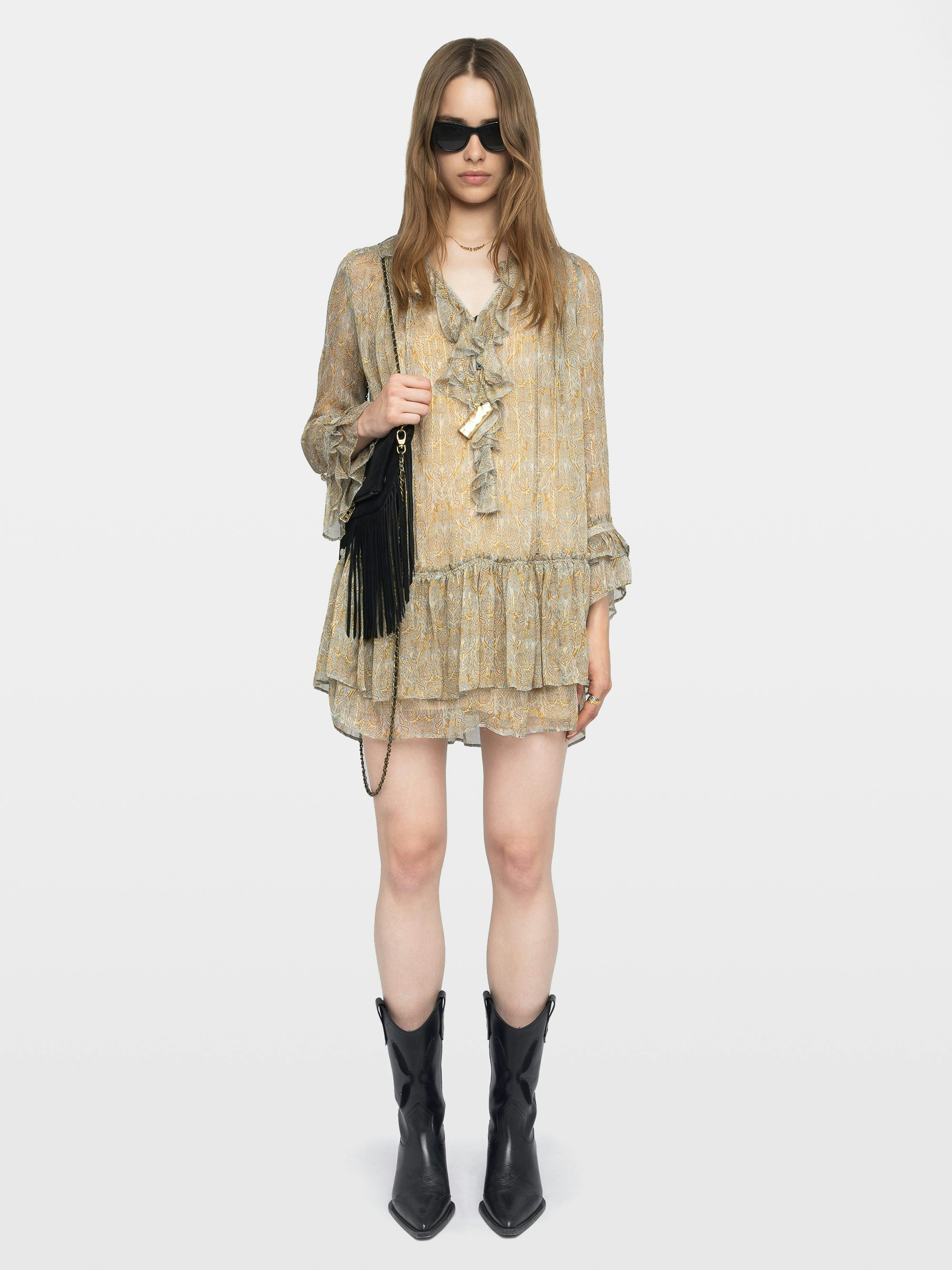 Abito Ralice - Abito corto con volant in chiffon stampato e righe dorate, maniche lunghe.
