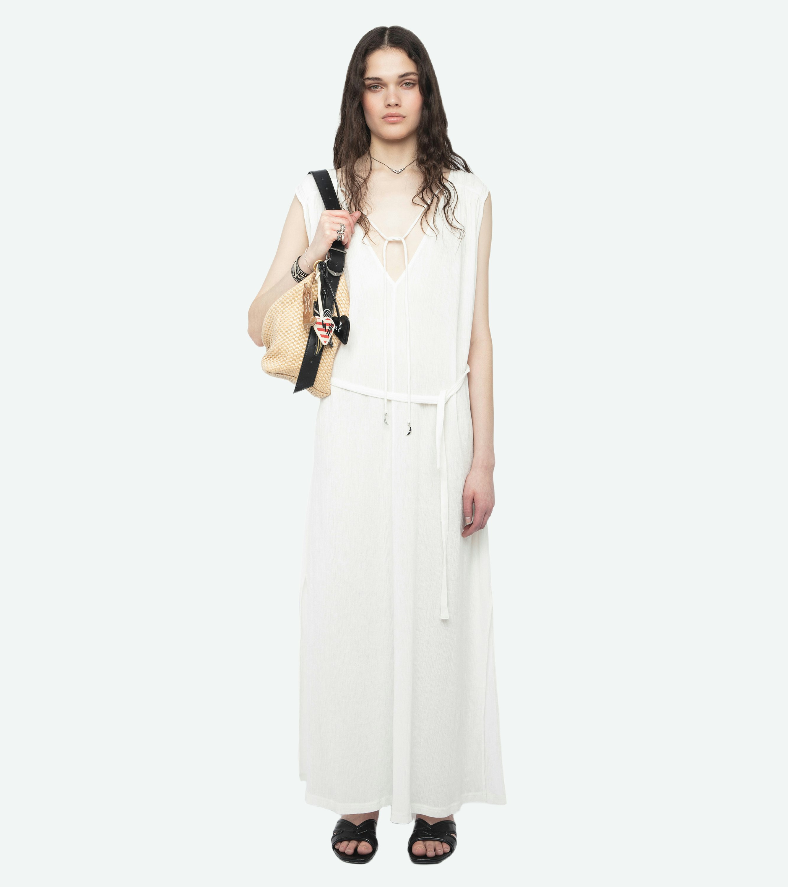 Rimati Dress - Long dress in cotton gauze, front and back neckline, sleeveless, and cords with wings.